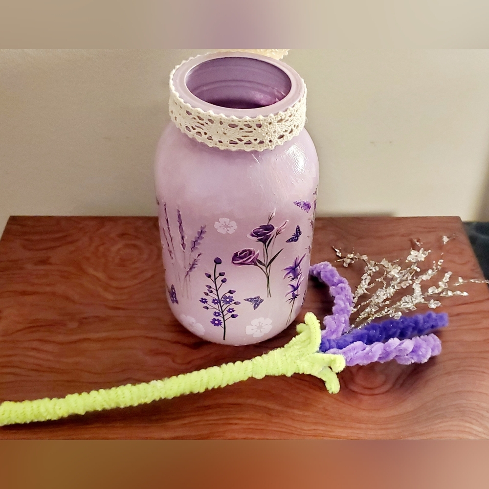 Lavender Floral Home Décor Hand-painted Mason Jar